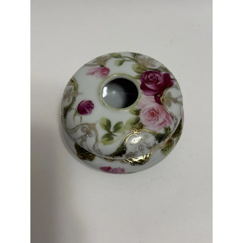 Antique Hand Painted Nippon Hair Receiver Pink Roses Gold Gilt 3 Footed Japan